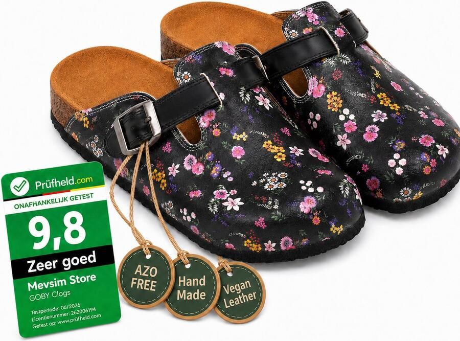 GOBY Black Blossom Dames Clogs Vegan Handmade