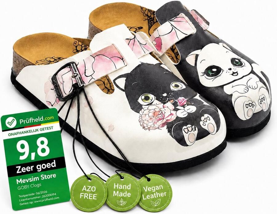 GOBY Blossom Cat Dames Clogs Handmade Vegan Leer