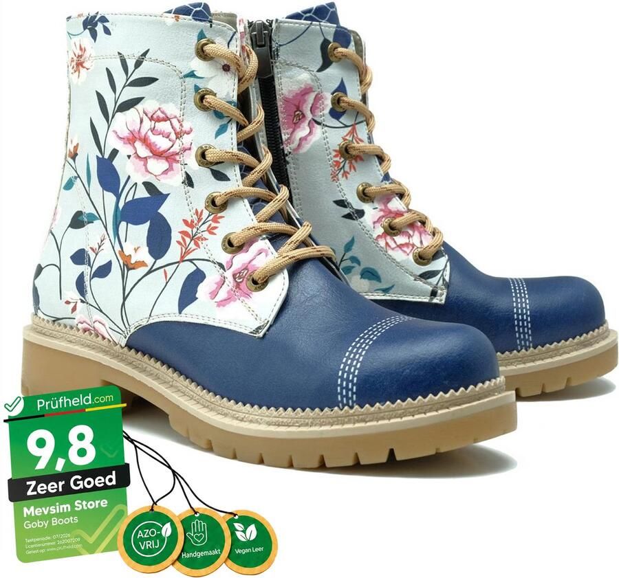 GOBY Blue Floral Dames Laarzen Handmade Vegan Leer - Foto 2