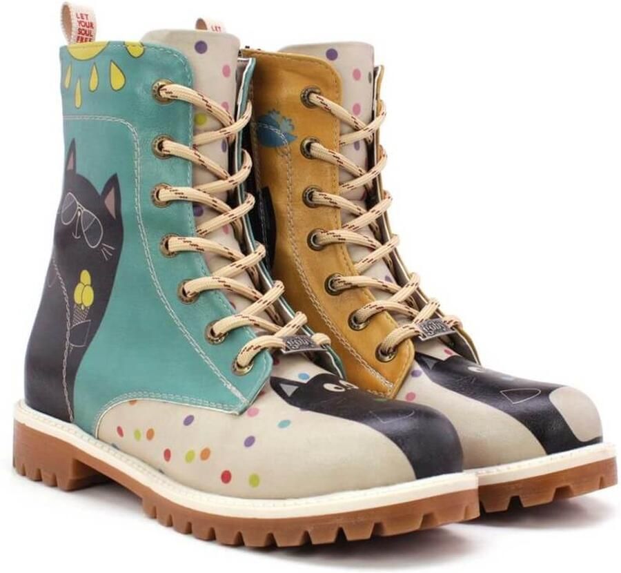GOBY Catitude Boots Dames Veterboots Kattenprint Handgemaakt Vegan Leer