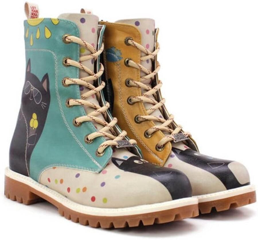 GOBY Catitude Boots Dames Veterboots Kattenprint Handgemaakt Vegan Leer
