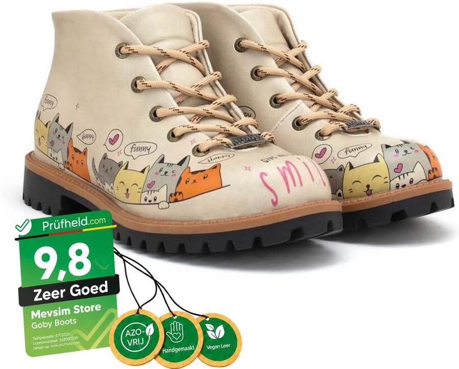 GOBY CatMood Boots Dames Veterboots Cartoon Katten Vegan Leer Handgemaakt - Foto 2
