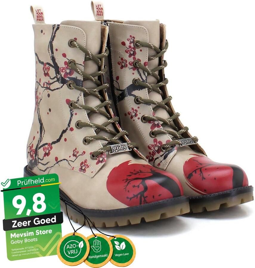 GOBY Cherry Blossom Dames Veterboots Handgemaakt Vegan Leer
