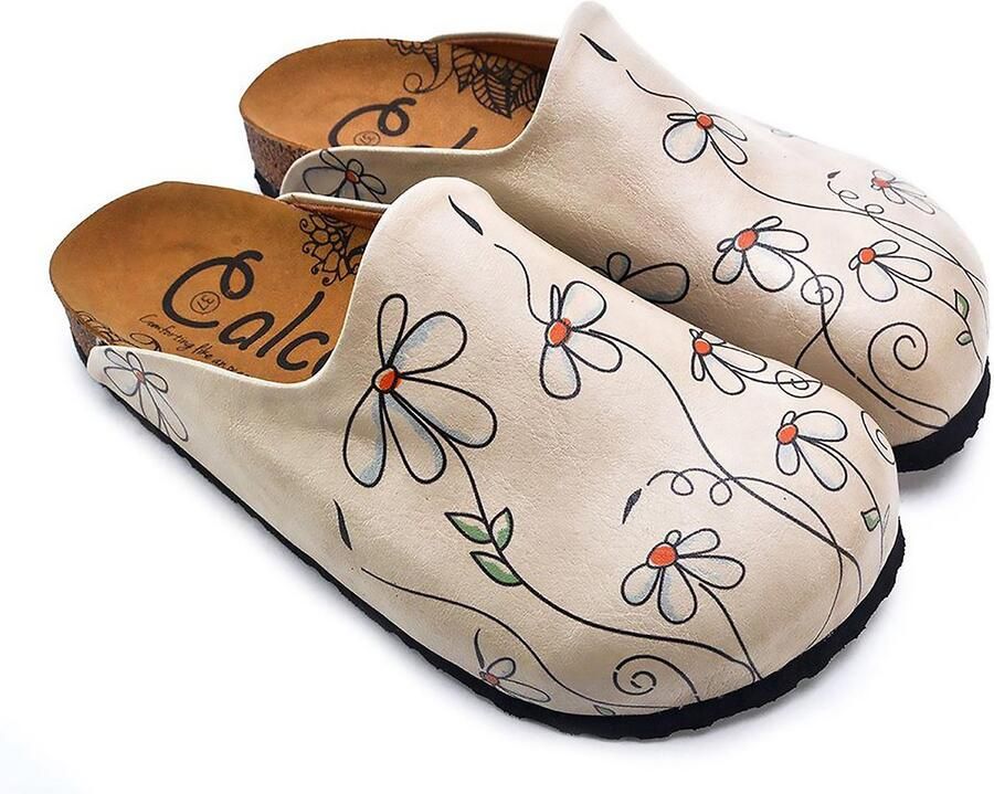 Goby Clogs 'Women shoes -Calceo mules with daisies CAL1410' offwhite