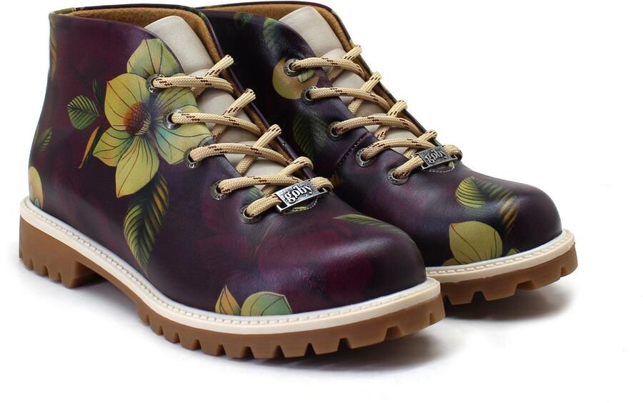 GOBY Dames Ankle Boots Damesboots Bloemenprint Met Vetersluiting Handgemaakt Vegan Leer