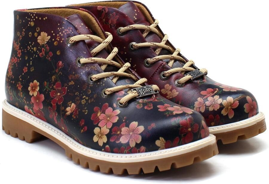 GOBY Dames Ankle Boots Damesboots Donkere Bloemenprint Met Vetersluiting Handgemaakt Vegan Leer
