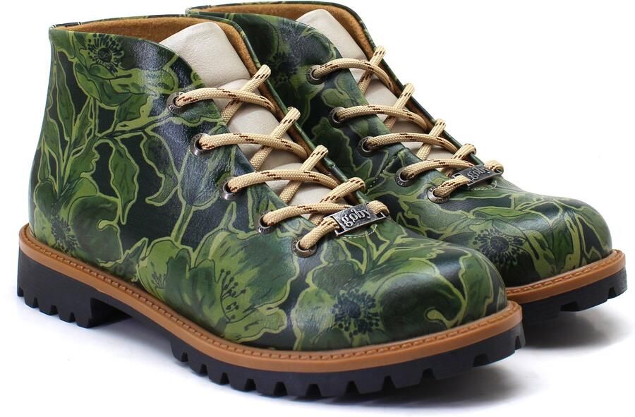 GOBY Dames Ankle Boots Damesboots Groene Botanische Bloemenprint Met Vetersluiting Handgemaakt Vegan Leer