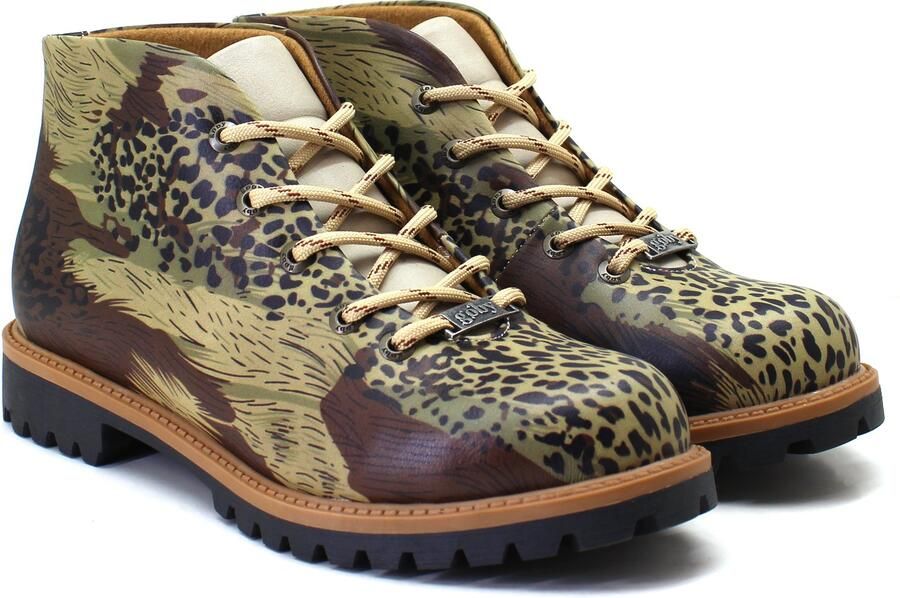 GOBY Dames Ankle Boots Damesboots Groene Camouflageprint Met Vetersluiting Handgemaakt Vegan Leer