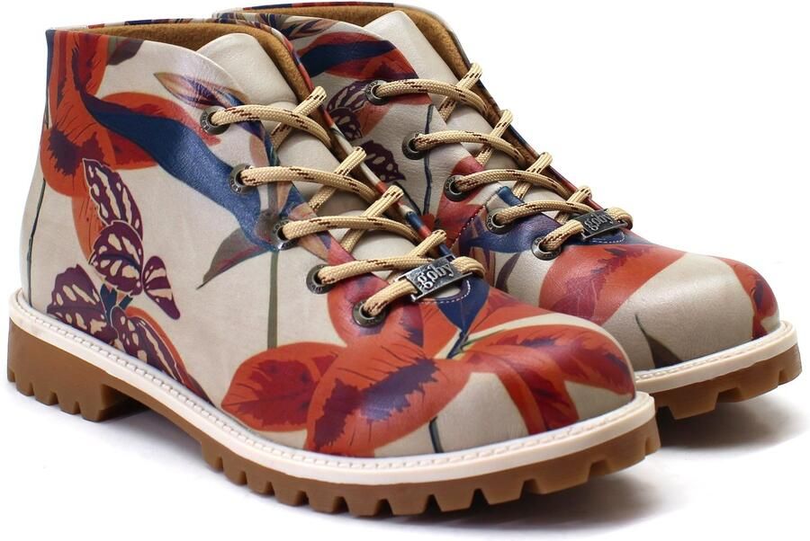 GOBY Dames Ankle Boots Damesboots Tropische Bloemenprint Met Vetersluiting Handgemaakt Vegan Leer
