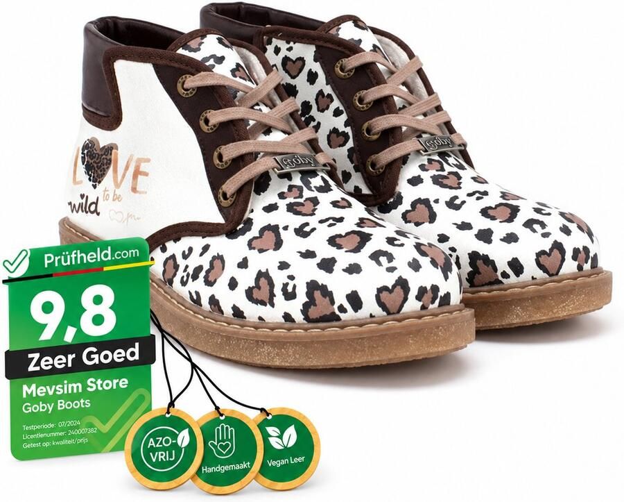 GOBY Dames Ankle Boots Luipaard Hartjes Print Vetersluiting Handgemaakt Vegan Leer Comfortabele Damesboots
