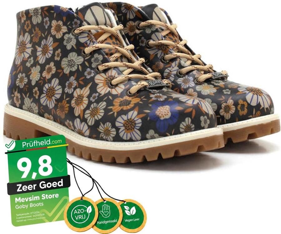 GOBY Dames Ankle Boots Vintage Bloemenprint Vetersluiting Handgemaakt Vegan Leer Comfortabele Damesboots