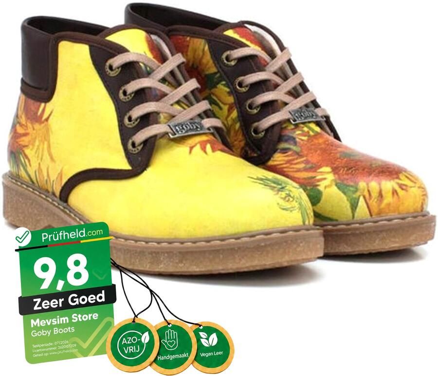 GOBY Dames Ankle Boots Zonnebloem Print Vetersluiting Handgemaakt Vegan Leer Comfortabele Damesboots