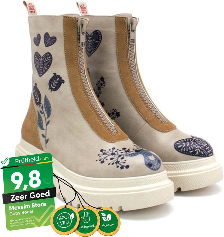 GOBY Dames Boots Hart en Hertenprint Handgemaakt Vegan Leer Comfortabele Plateau
