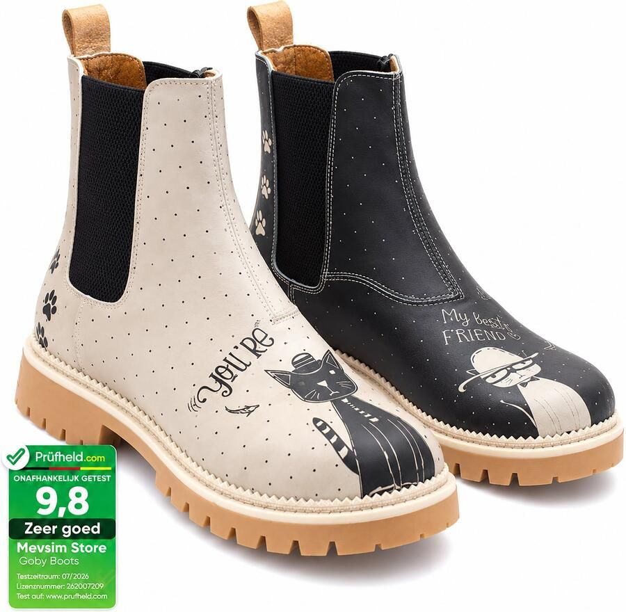 GOBY Dames Chelsea Boots Damesboots Enkellaarsjes Kat & Ruimteprint Elastische Instap Handgemaakt Vegan Leer
