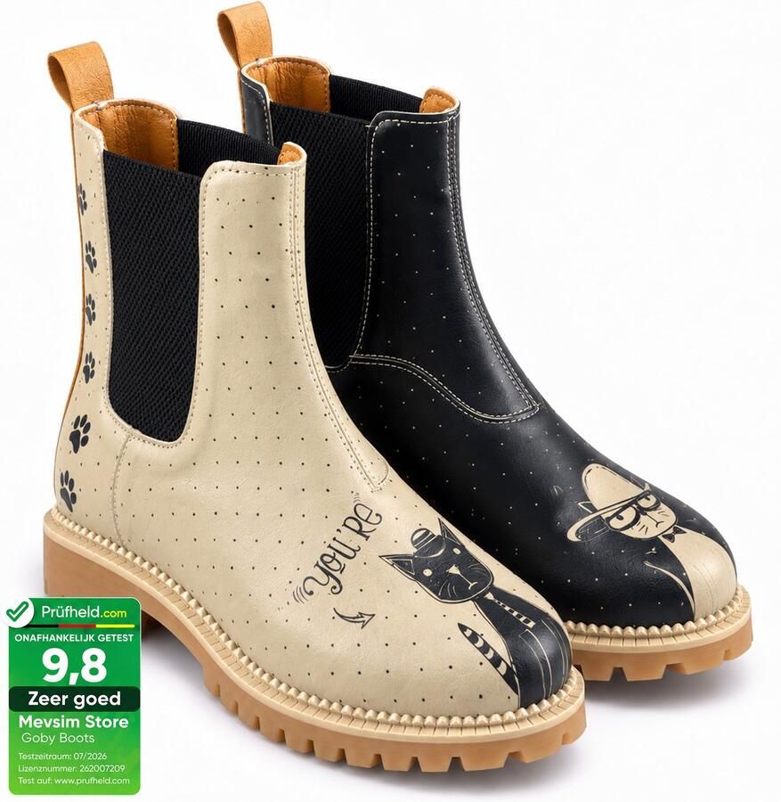 GOBY Dames Chelsea Boots Damesboots Enkellaarsjes Kat & Ruimteprint Elastische Instap Handgemaakt Vegan Leer