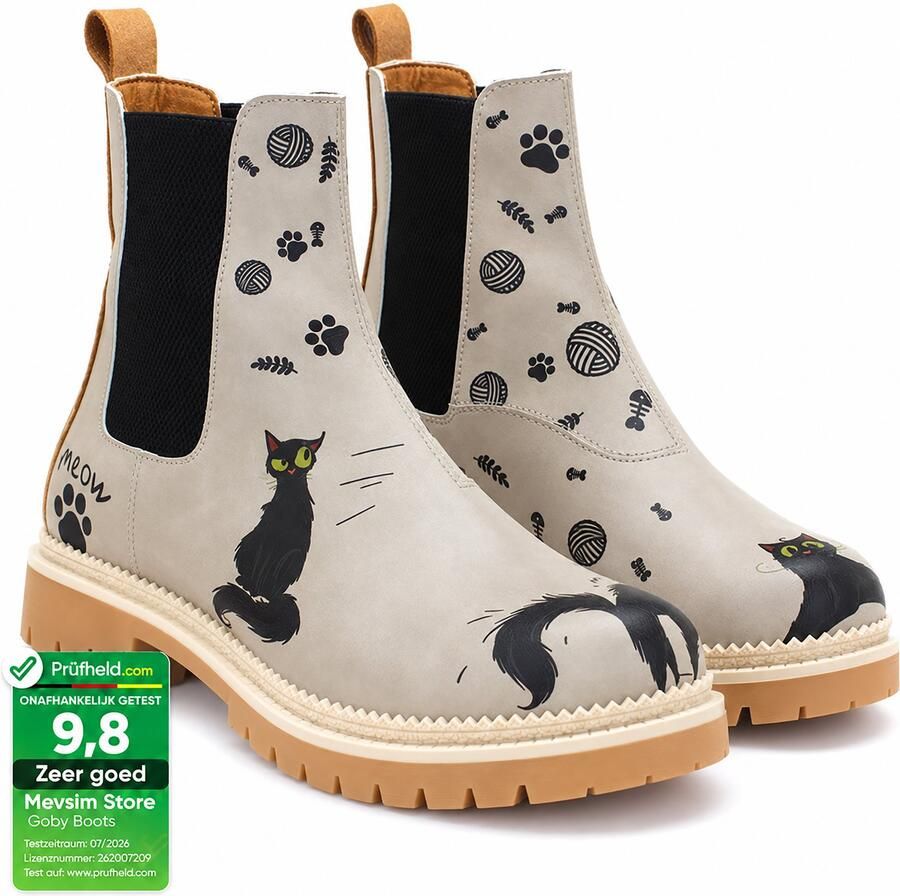 GOBY Dames Chelsea Boots Damesboots Enkellaarsjes –Kattenprint met Pootafdrukken Elastische Instap Handgemaakt Vegan Leer