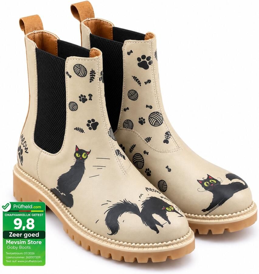 GOBY Dames Chelsea Boots Damesboots Enkellaarsjes –Kattenprint met Pootafdrukken Elastische Instap Handgemaakt Vegan Leer