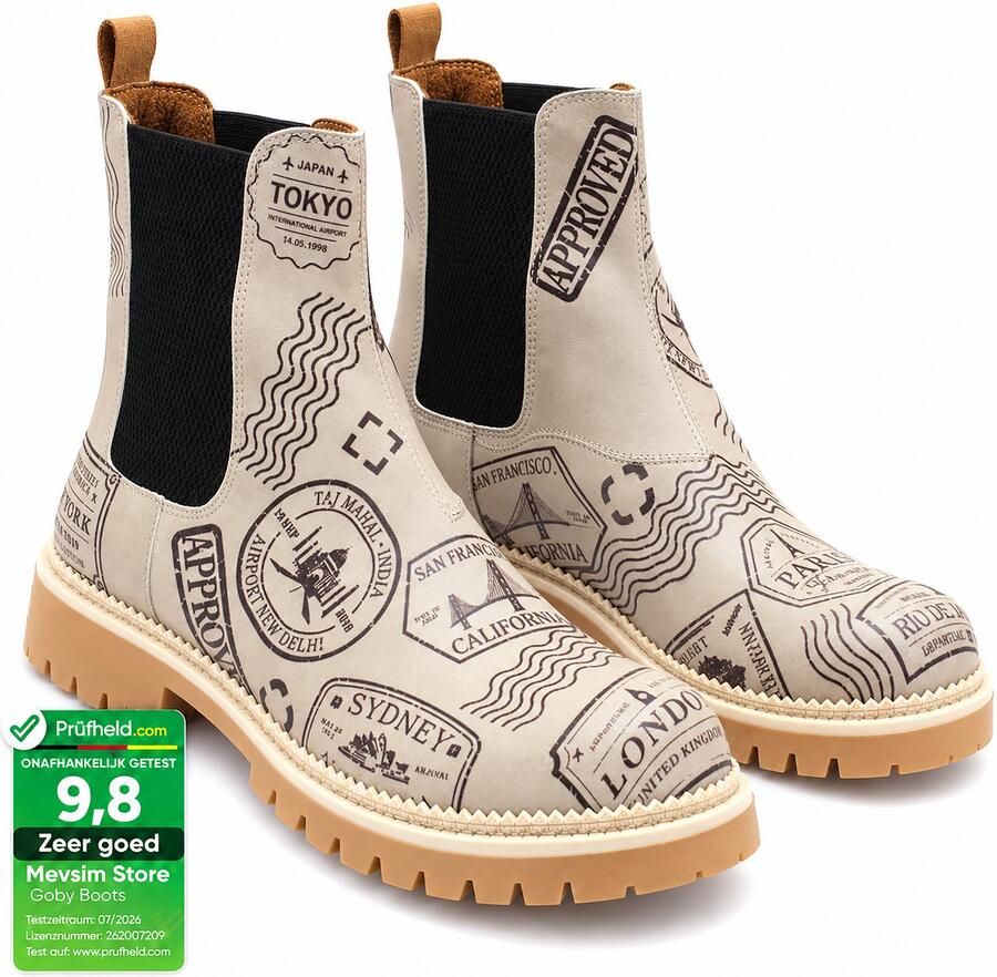 GOBY Dames Chelsea Boots Damesboots Enkellaarsjes Reisstempel Print Elastische Instap Handgemaakt Vegan Leer