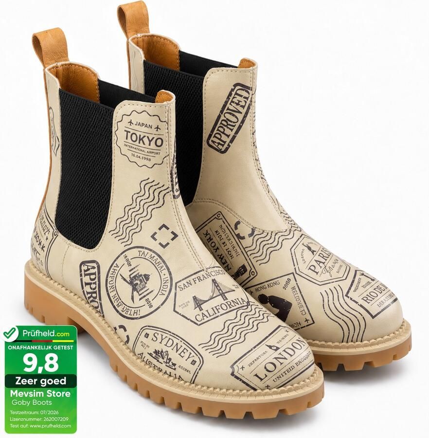 GOBY Dames Chelsea Boots Damesboots Enkellaarsjes Reisstempel Print Elastische Instap Handgemaakt Vegan Leer