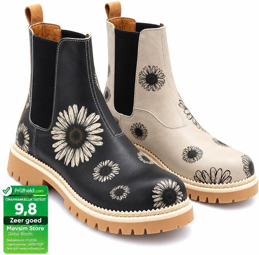 GOBY Dames Chelsea Boots Damesboots Enkellaarsjes Zwart-Witte Bloemenprint Elastische Instap Handgemaakt Vegan Leer