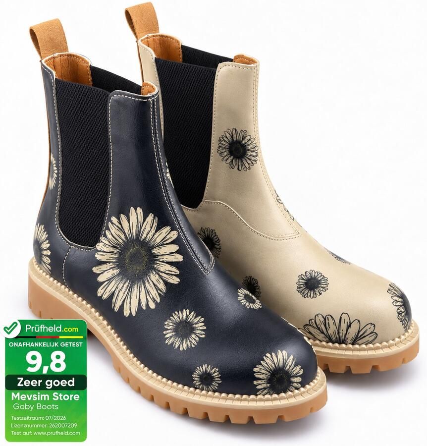 GOBY Dames Chelsea Boots Damesboots Enkellaarsjes Zwart-Witte Bloemenprint Elastische Instap Handgemaakt Vegan Leer