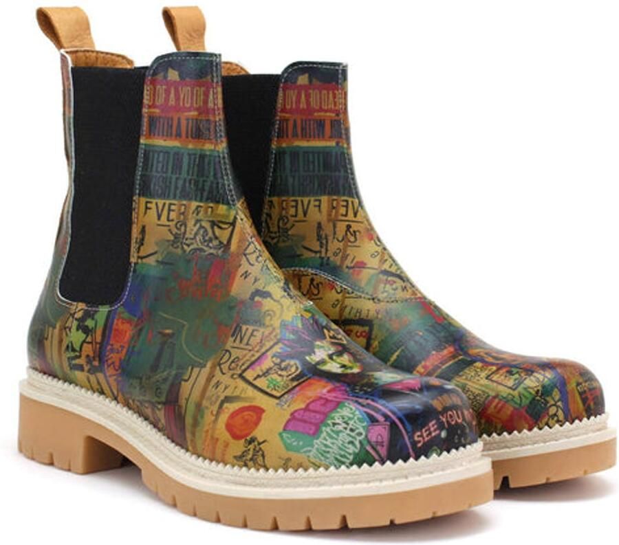 GOBY Dames Chelsea Boots Damesboots Kleurrijke Collageprint Elastische Instap Handgemaakt Vegan Leer