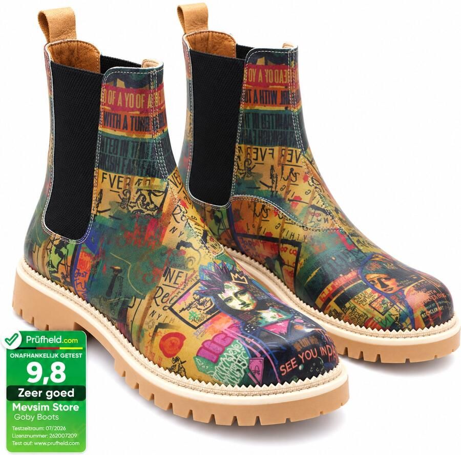 GOBY Dames Chelsea Boots Damesboots Kleurrijke Collageprint Elastische Instap Handgemaakt Vegan Leer