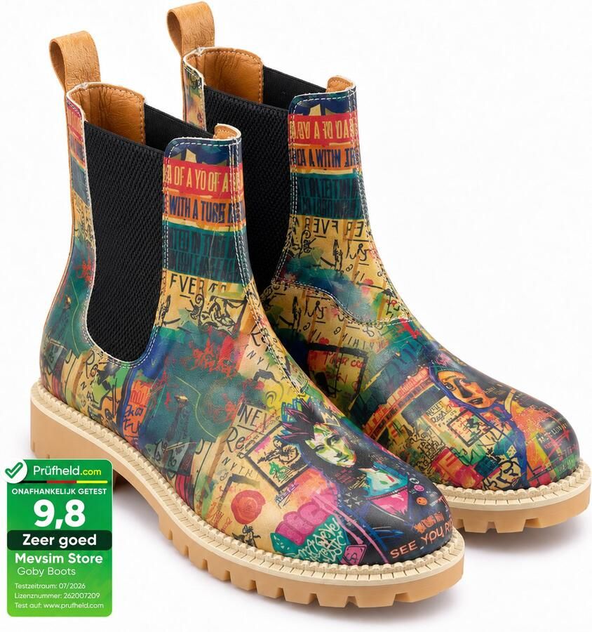 GOBY Dames Chelsea Boots Damesboots Kleurrijke Collageprint Elastische Instap Handgemaakt Vegan Leer