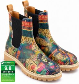 GOBY Dames Chelsea Boots Damesboots Kleurrijke Collageprint Elastische Instap Handgemaakt Vegan Leer
