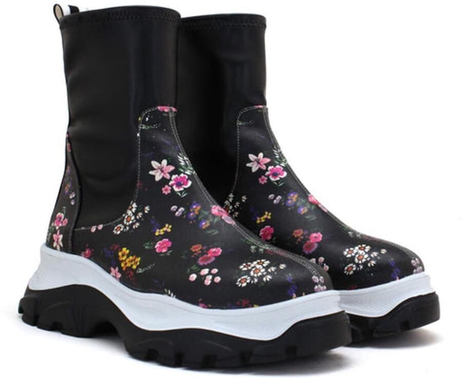 GOBY Dames Chelsea Boots Donkere Bloemenprint Elastische Instap Handgemaakt Vegan Leer Comfortabele Plateau Boots