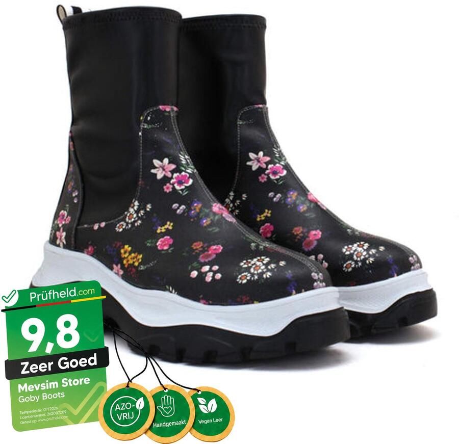 GOBY Dames Chelsea Boots Donkere Bloemenprint Elastische Instap Handgemaakt Vegan Leer Comfortabele Plateau - Foto 2