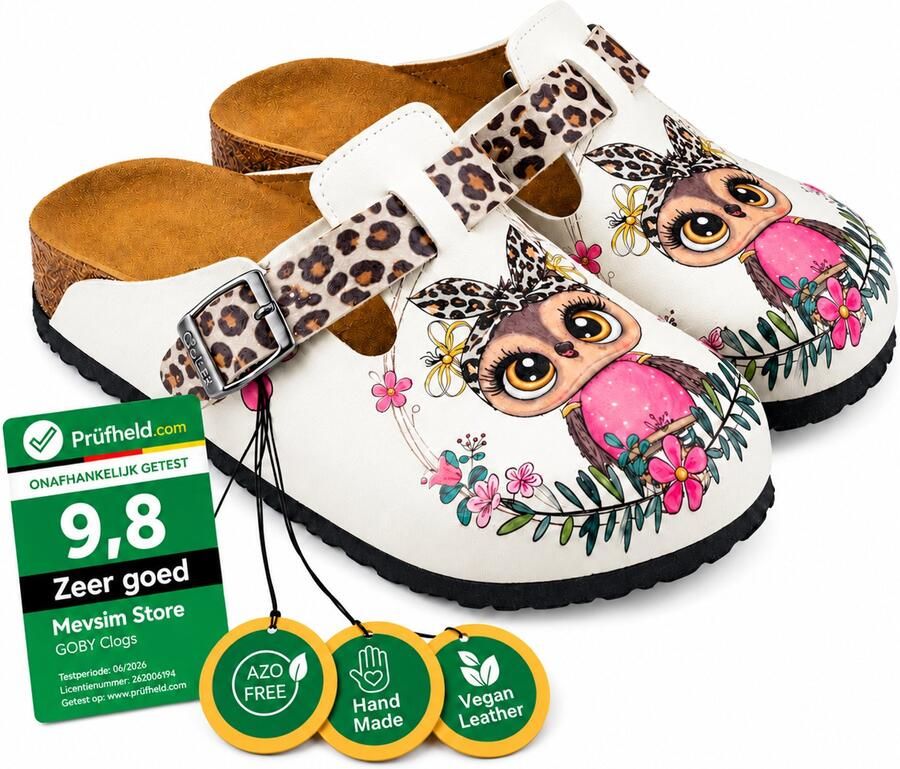 GOBY Dames Clogs Cute Owl Print Comfortabele Damesklompen Handgemaakt Vegan Leer