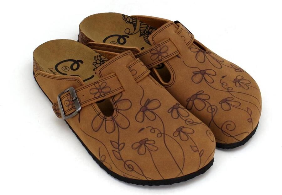 GOBY Dames Clogs Damesklompen Comfortabele Clogs Bruine Bloemenlijn Print Verstelbare Gesp Handgemaakt Vegan Leer Comfortabele