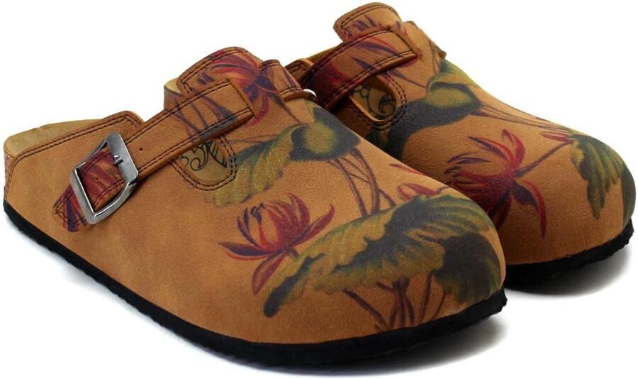 GOBY Dames Clogs Damesklompen Comfortabele Clogs Bruine Bloemenprint Verstelbare Gesp Handgemaakt Vegan Leer