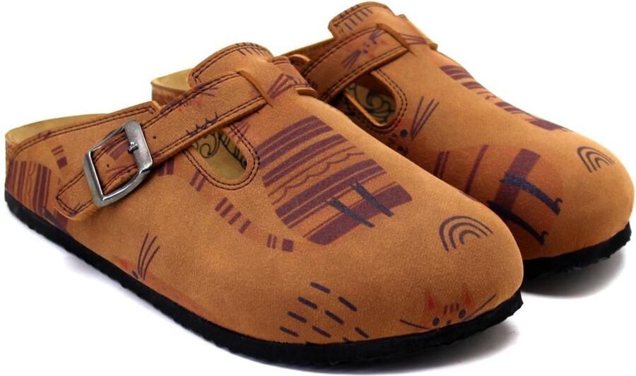 GOBY Dames Clogs Damesklompen Comfortabele Clogs Bruine Grafische Print Verstelbare Gesp Handgemaakt Vegan Leer