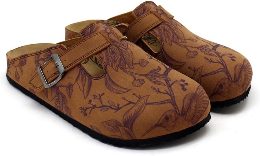 GOBY Dames Clogs Damesklompen Comfortabele Clogs Bruine Vogelprint Verstelbare Gesp Handgemaakt Vegan Leer