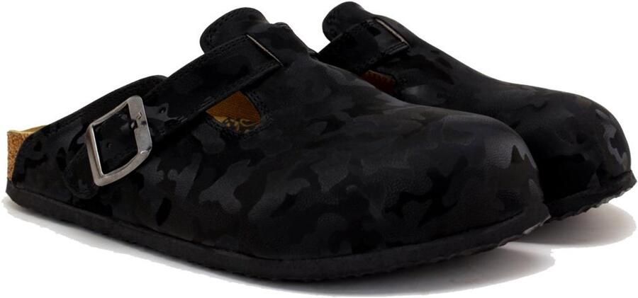 GOBY Dames Clogs Damesklompen Comfortabele Clogs Zwarte Camouflageprint Verstelbare Gesp Handgemaakt Vegan Leer