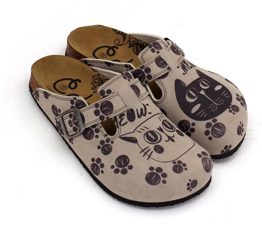 GOBY Clogs Dames Damesklompen met Kattenprint en Pootafdrukken Verstelbare Gesp Handgemaakt van Vegan Leer