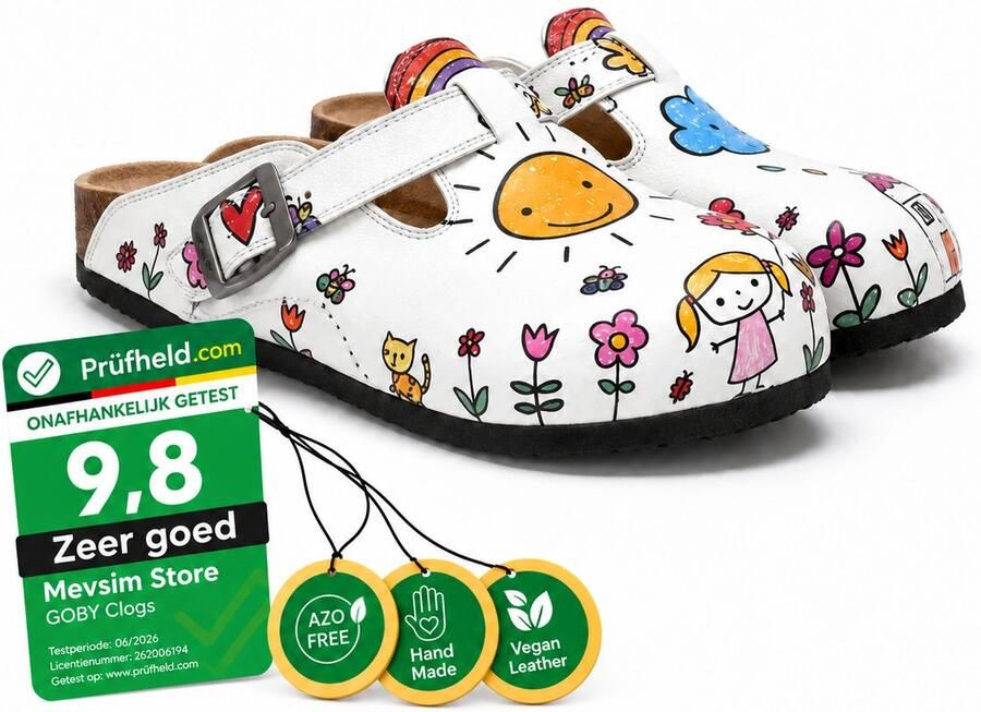 GOBY Dames Clogs Damesklompen Zon en Wolk Illustratie Handgemaakt Vegan Leer