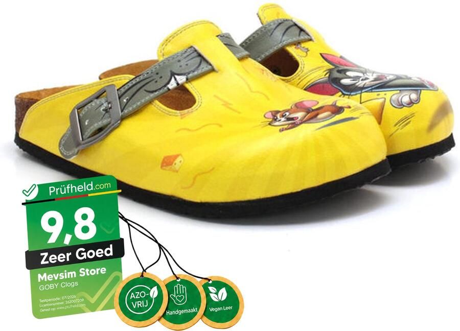 GOBY Dames Clogs Grappige Kat & Muis Print Damesklompen Handgemaakt Vegan Leer Comfortabel