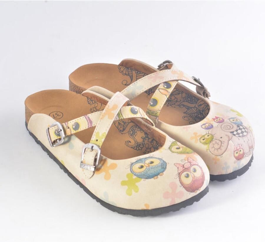 GOBY Dames Clogs Uil en Olifant Print Handgemaakt Vegan Leer Comfortabele Damesklompen