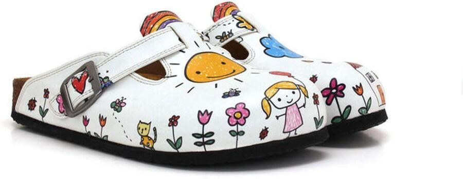 GOBY Dames Clogs Zon en Wolk Illustratie Handgemaakt Vegan Leer Comfortabele Damesklompen