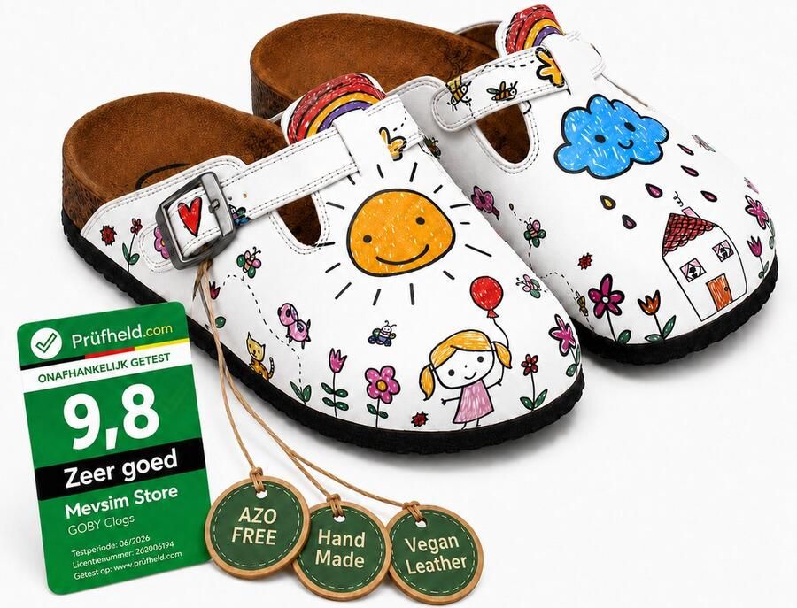 GOBY Dames Clogs Zon en Wolk Illustratie Handgemaakt Vegan Leer Comfortabele Damesklompen
