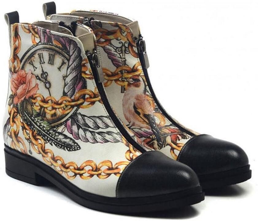 GOBY Dames Enkellaarzen Vintage Klok en Ketting Print Handgemaakt Vegan Leer Dameslaarzen