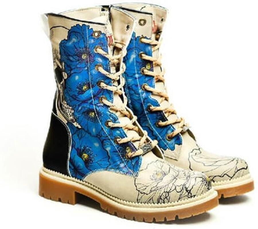 GOBY Dames Hoge Veterboots Comfortabele Damesboots Blauwe Bloemenprint Vetersluiting Handgemaakt Vegan Leer