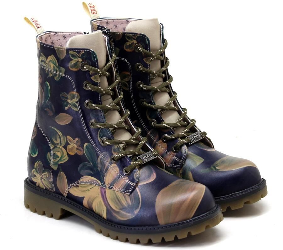 GOBY Dames Hoge Veterboots Damesboots Donkere Vintage Bloemenprint Met Vetersluiting Handgemaakt Vegan Leer