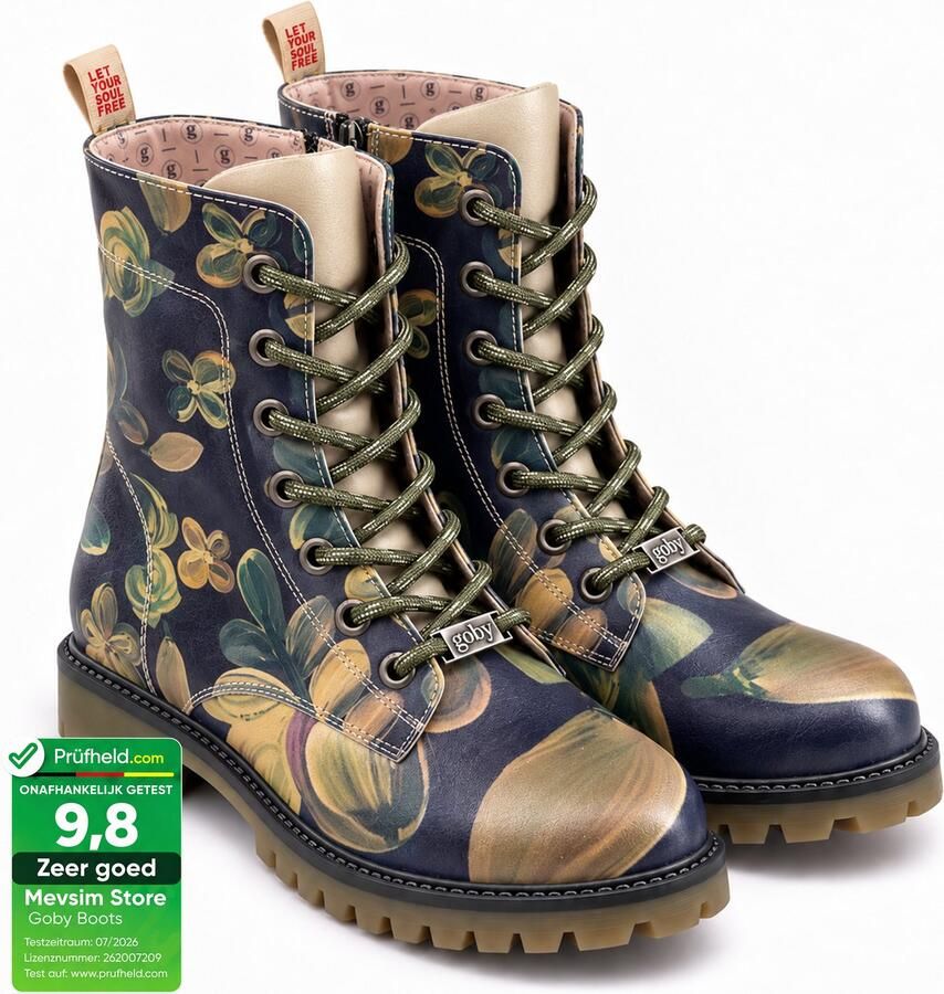 GOBY Dames Hoge Veterboots Damesboots Donkere Vintage Bloemenprint Met Vetersluiting Handgemaakt Vegan Leer