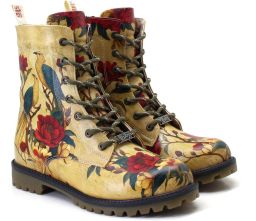 GOBY Dames Hoge Veterboots Damesboots Vogel en Rode Bloemenprint Met Vetersluiting Handgemaakt Vegan Leer