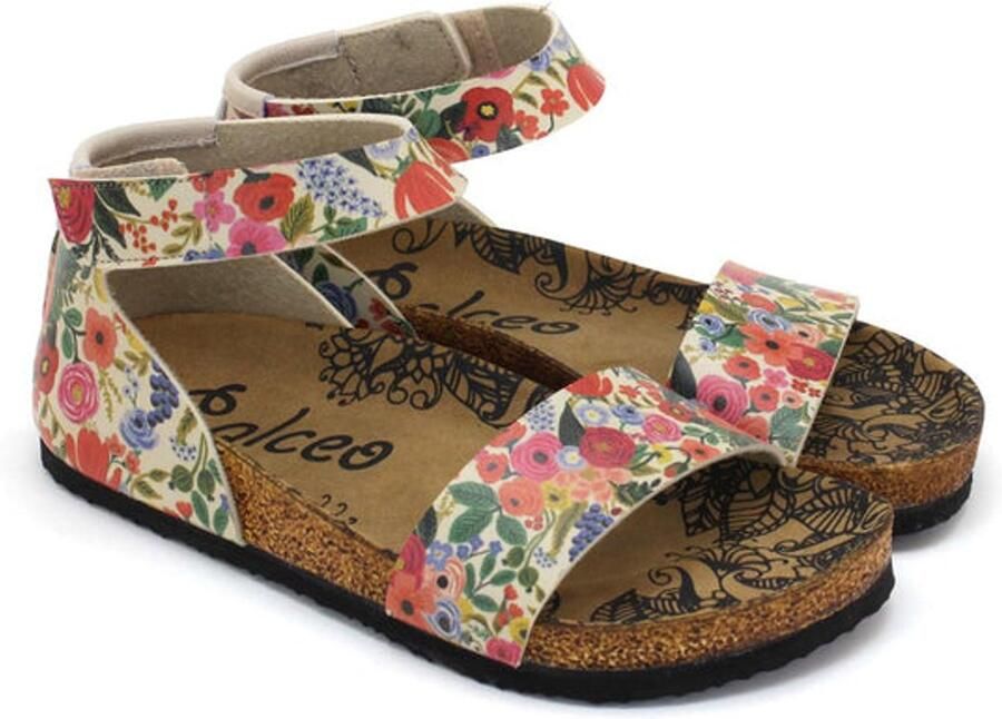 GOBY Dames Sandalen Handgemaakt Vegan Leer Bloemen Design