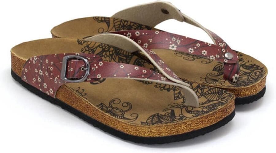 GOBY Dames Sandalen Handgemaakt Vegan Leer Bruine Bloemen